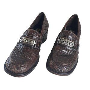 90s Brighton Brown Woven Leather Block Heel Loafers 6.5M